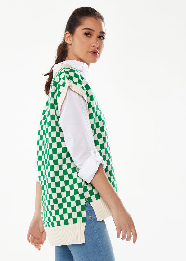 Liquorish Women's Chequered Knitted Vest In Green And Cream - V-Neck Distinctive Print Longer Back Hem Comfortable Fit