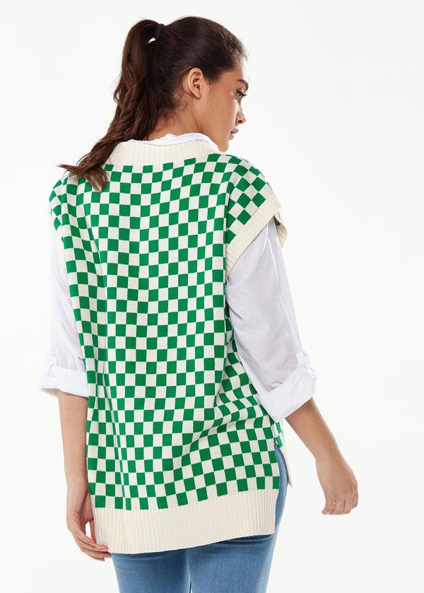 Liquorish Women's Chequered Knitted Vest In Green And Cream - V-Neck Distinctive Print Longer Back Hem Comfortable Fit