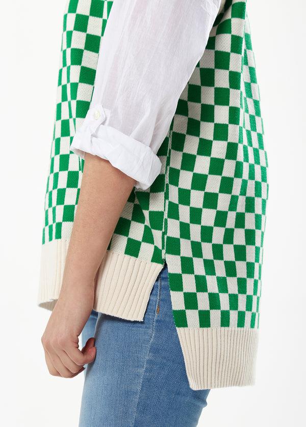 Liquorish Women's Chequered Knitted Vest In Green And Cream - V-Neck Distinctive Print Longer Back Hem Comfortable Fit