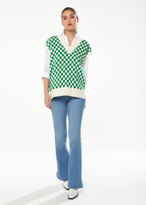 Liquorish Women's Chequered Knitted Vest in Green and Cream - V-Neck Distinctive Print Longer Back Hem Comfortable Fit