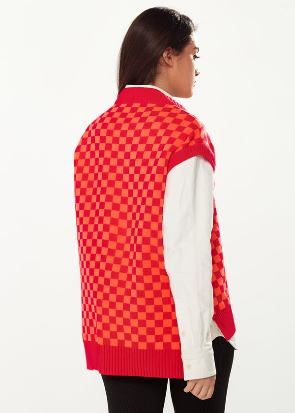 Liquorish Women's Chequered Knitted Vest In Orange & Red - V-Neck Side Slits Regular Fit Perfect For Sizes 8-14