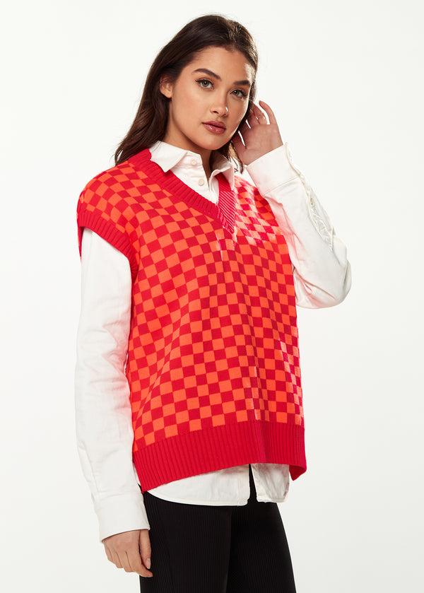 Liquorish Women's Chequered Knitted Vest In Orange & Red - V-Neck Side Slits Regular Fit Perfect For Sizes 8-14