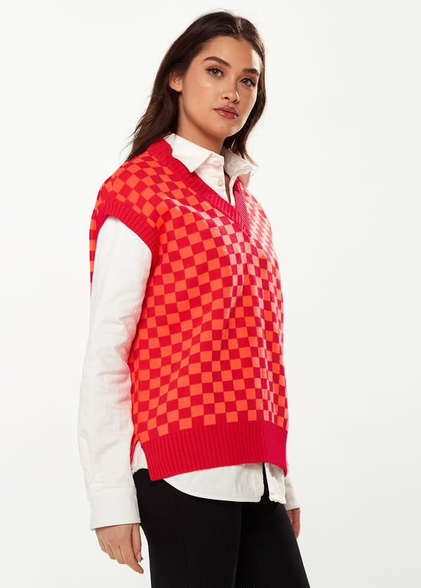Liquorish Women's Chequered Knitted Vest In Orange & Red - V-Neck Side Slits Regular Fit Perfect For Sizes 8-14