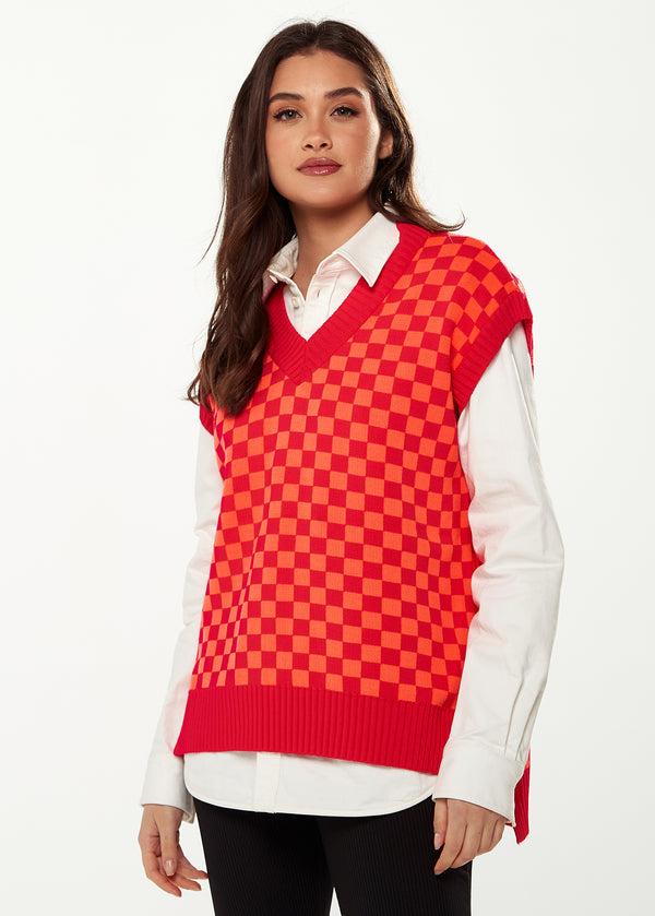 Liquorish Women's Chequered Knitted Vest in Orange & Red - V-Neck Side Slits Regular Fit Perfect for Sizes 8-14