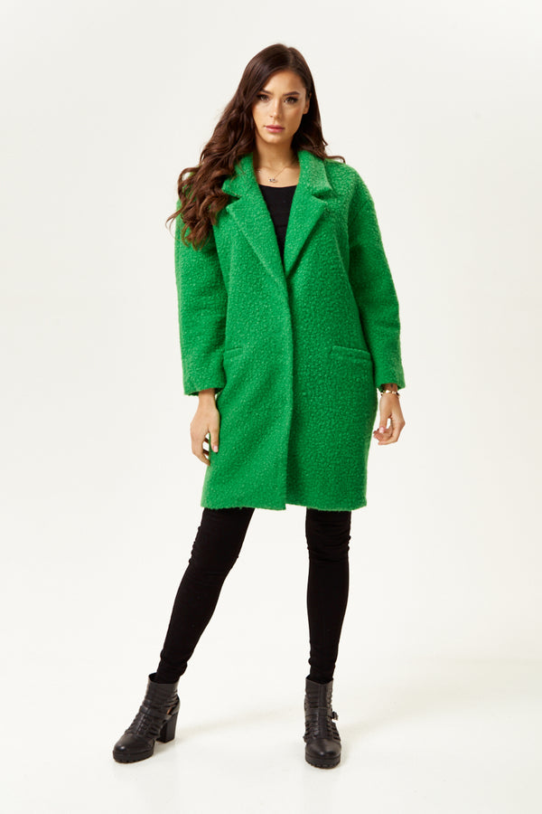 Liquorish Women's Coat In Fluffy Green Bouclè - Extra Loose Fit With Notch Lapels And Side Pockets - Liquorish