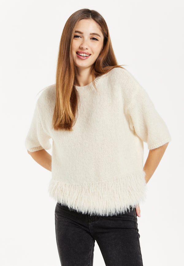 Liquorish Women's Cream Short Sleeves Jumper With Chic Hem Detail And Loose Fit Design