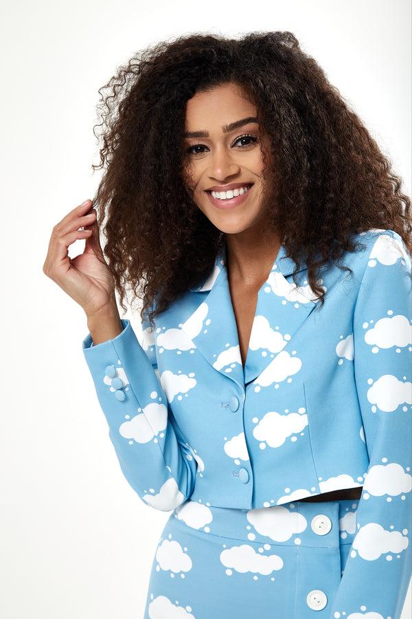 Liquorish Women's Cropped Blue Cloud Print Blazer with Padded Shoulders Boxy Fit - Liquorish