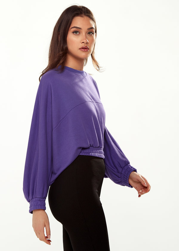 Liquorish Women's Cropped Sweatshirt In Purple With Unique Bat And Balloon Sleeves Round Neck And Elastic Cuffs For A Chic Look