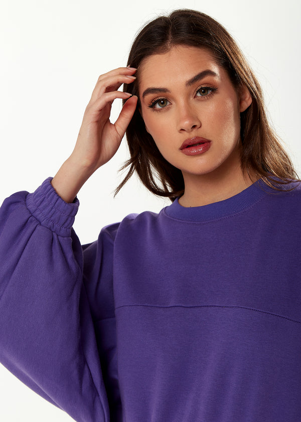 Liquorish Women's Cropped Sweatshirt In Purple With Unique Bat And Balloon Sleeves Round Neck And Elastic Cuffs For A Chic Look