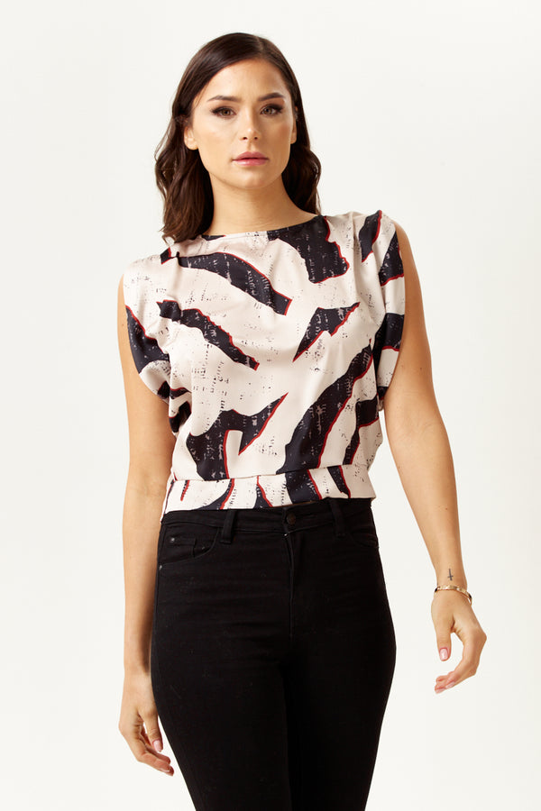 Liquorish Women's Divine Grace Abstract Print Open Back Top With Tie Waist Short Sleeves Stylish Design Regular Fit