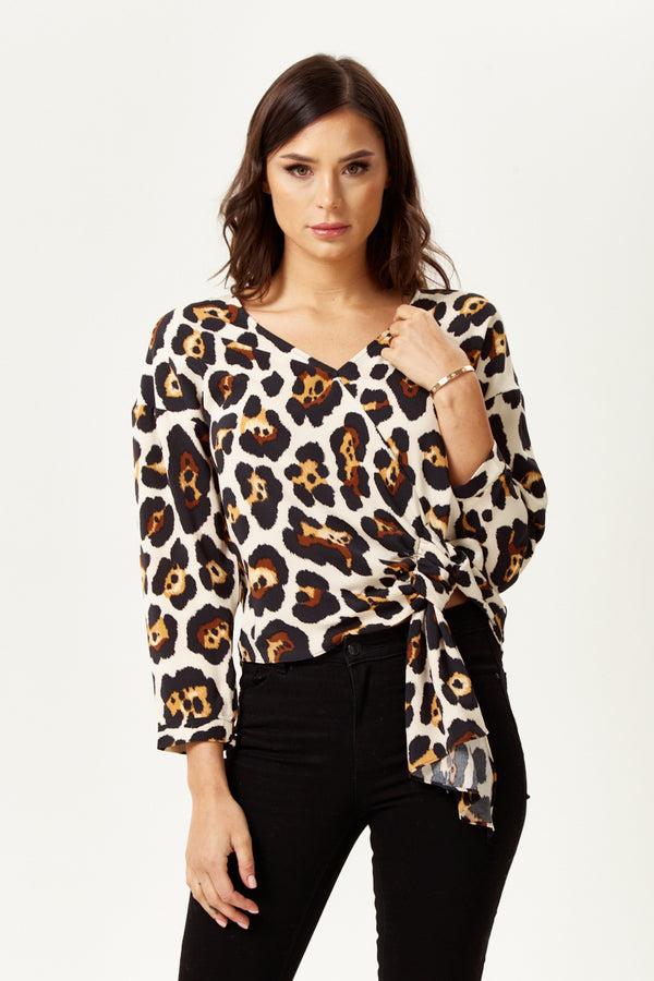 Liquorish Women's Divine Grace Animal Print Tie Top With Long Sleeves And V-Neck - Regular Fit For Effortless Style