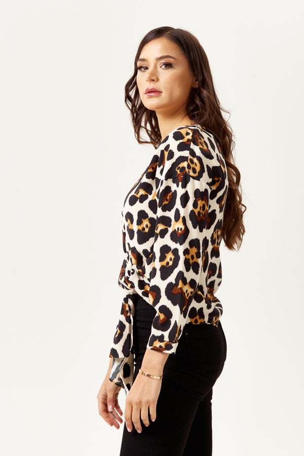 Liquorish Women's Divine Grace Animal Print Tie Top With Long Sleeves And V-Neck - Regular Fit For Effortless Style