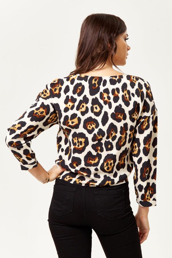 Liquorish Women's Divine Grace Animal Print Tie Top With Long Sleeves And V-Neck - Regular Fit For Effortless Style