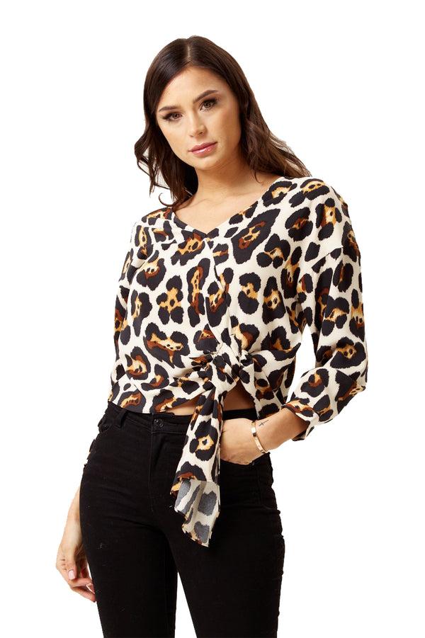 Liquorish Women's Divine Grace Animal Print Tie Top with Long Sleeves and V-Neck - Regular Fit for Effortless Style