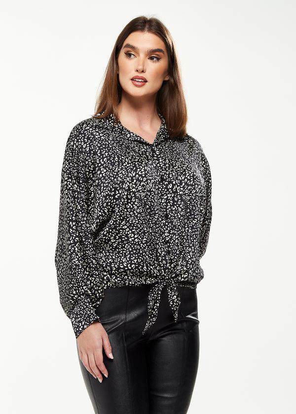 Liquorish Women's Divine Grace Blouse With Front Tie In Black & White Animal Print Long Sleeves Button Front Collared Design