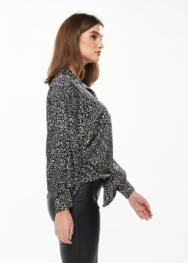Liquorish Women's Divine Grace Blouse With Front Tie In Black & White Animal Print Long Sleeves Button Front Collared Design