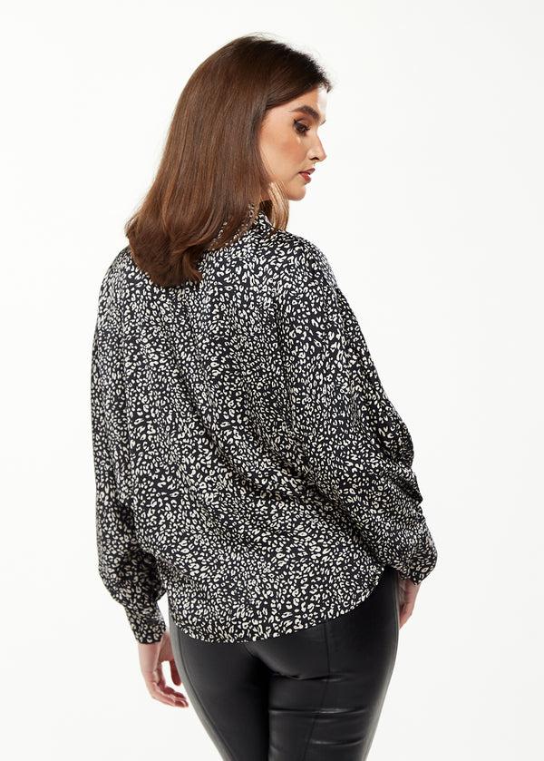 Liquorish Women's Divine Grace Blouse With Front Tie In Black & White Animal Print Long Sleeves Button Front Collared Design