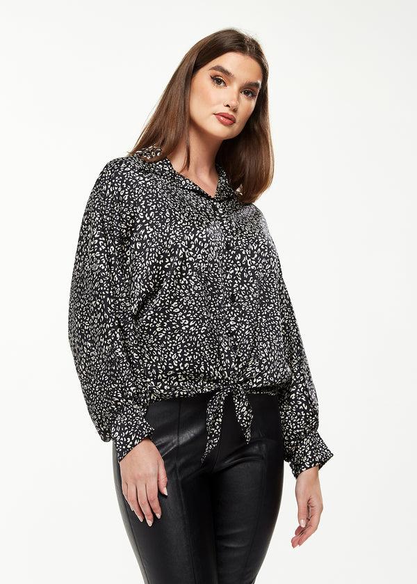 Liquorish Women's Divine Grace Blouse with Front Tie in Black & White Animal Print Long Sleeves Button Front Collared Design