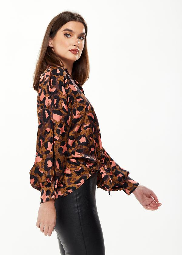 Liquorish Women's Divine Grace Blouse With Front Tie In Brown & Coral Leopard Print - Long Sleeve Button Front Collar Cuffs