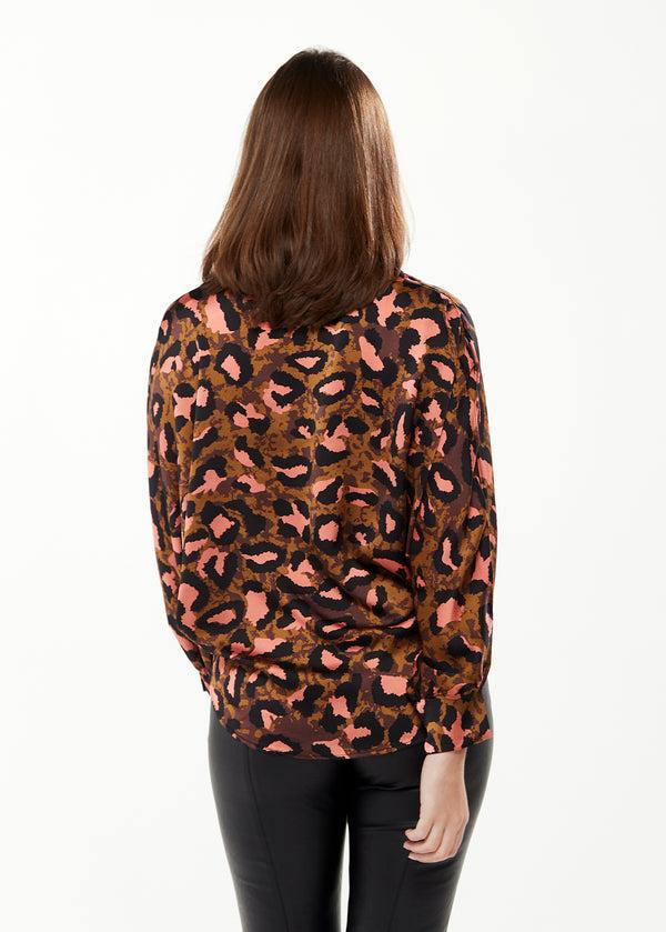 Liquorish Women's Divine Grace Blouse With Front Tie In Brown & Coral Leopard Print - Long Sleeve Button Front Collar Cuffs