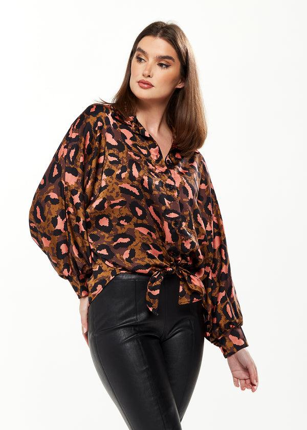 Liquorish Women's Divine Grace Blouse with Front Tie in Brown & Coral Leopard Print - Long Sleeve Button Front Collar Cuffs