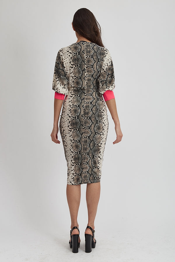 Liquorish Women's Divine Grace Jersey Dress In Snake Skin Print With Hot Pink Trim Ruching Front And Midi Length Design
