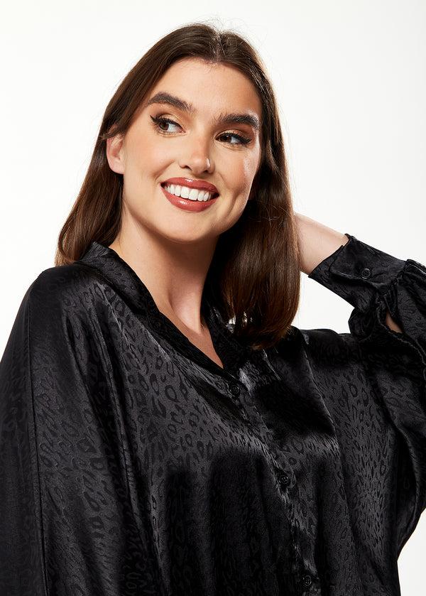 Liquorish Women's Divine Grace Leopard Jacquard Blouse With Front Waist Tie In Black Long Sleeves Button Front And Collar