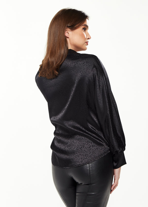 Liquorish Women's Divine Grace Leopard Jacquard Blouse With Front Waist Tie In Black Long Sleeves Button Front And Collar