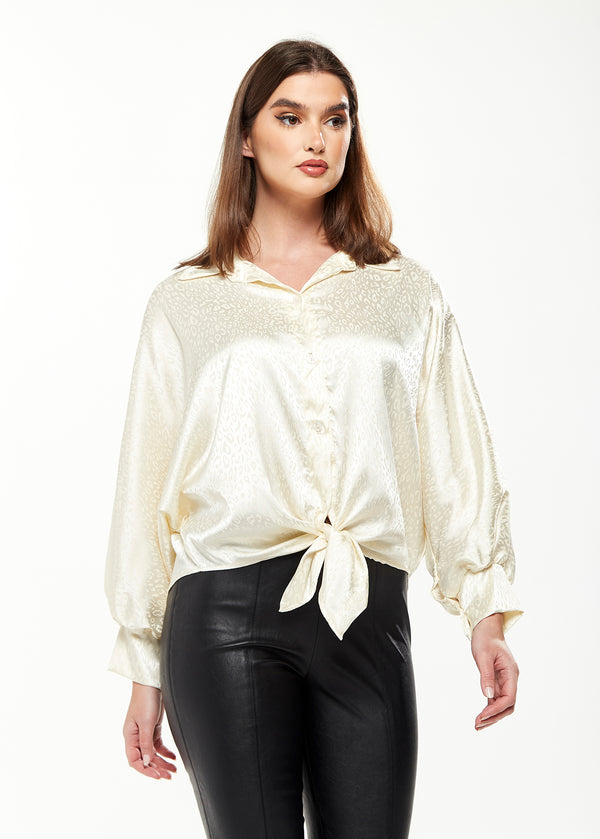 Liquorish Women's Divine Grace Leopard Jacquard Blouse With Front Waist Tie In Off White Long Sleeves Button Front Collar