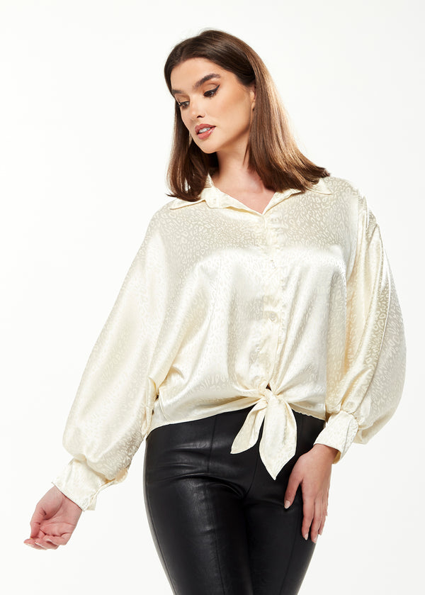 Liquorish Women's Divine Grace Leopard Jacquard Blouse With Front Waist Tie In Off White Long Sleeves Button Front Collar