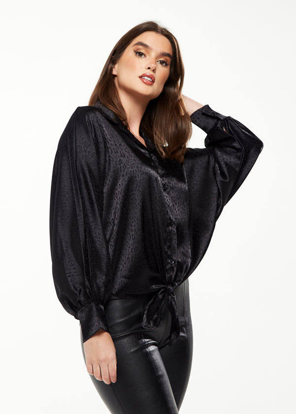 Liquorish Women's Divine Grace Leopard Jacquard Blouse with Front Waist Tie in Black Long Sleeves Button Front and Collar