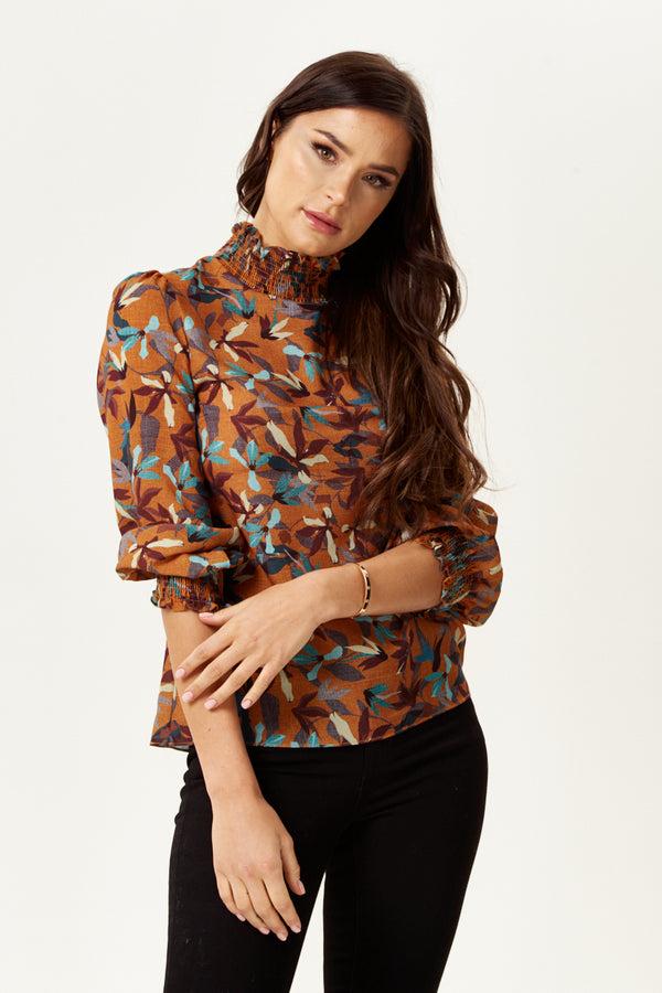 Liquorish Women's Divine Grace Long Sleeve Floral Print Top In Brown With High Neck And Elasticated Cuffs