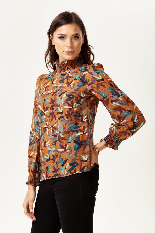 Liquorish Women's Divine Grace Long Sleeve Floral Print Top In Brown With High Neck And Elasticated Cuffs