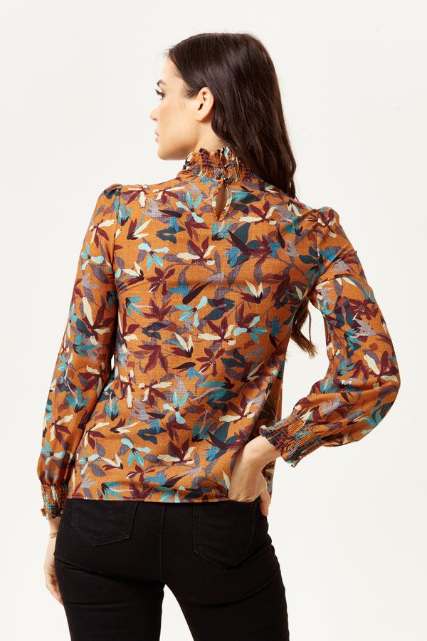 Liquorish Women's Divine Grace Long Sleeve Floral Print Top In Brown With High Neck And Elasticated Cuffs