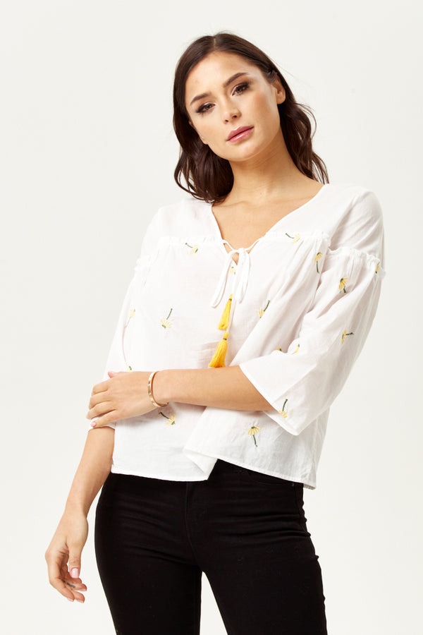 Liquorish Women's Divine Grace White Embroidered Oversized Top - Deep V Neck Floral Print 3/4 Sleeve Regular Fit