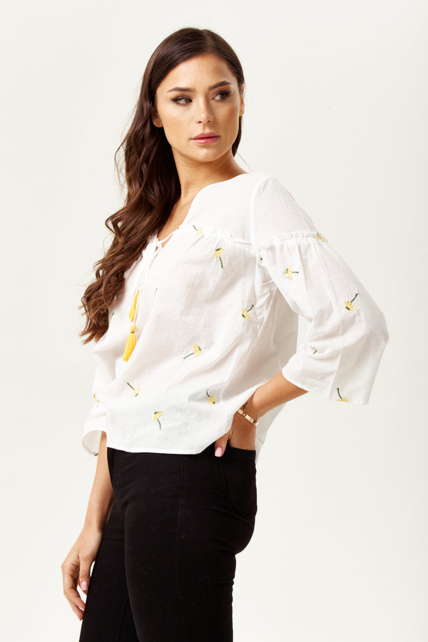 Liquorish Women's Divine Grace White Embroidered Oversized Top - Deep V Neck Floral Print 3/4 Sleeve Regular Fit