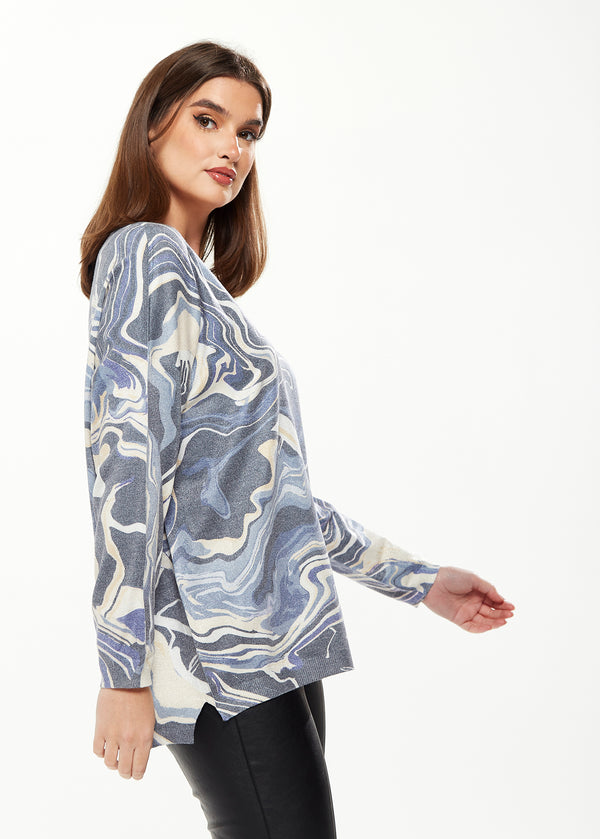 Liquorish Women's Elegant Blue Marble Print V-neck Top With Full Length Sleeves For Stylish Versatility