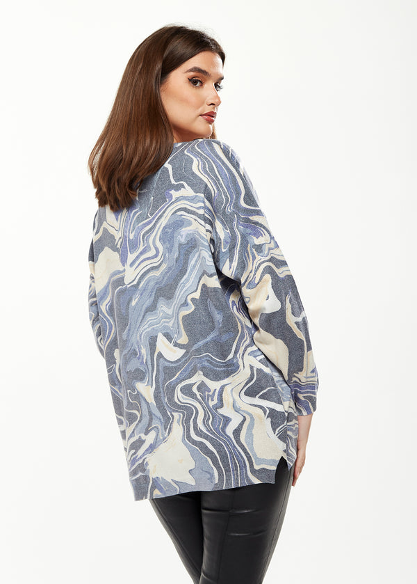 Liquorish Women's Elegant Blue Marble Print V-neck Top With Full Length Sleeves For Stylish Versatility