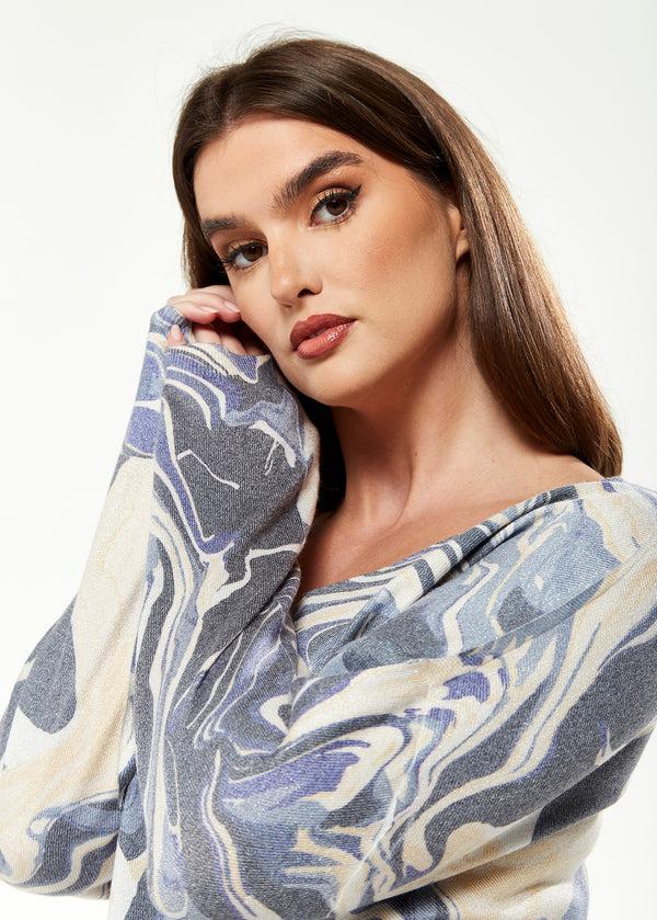 Liquorish Women's Elegant Blue Marble Print V-neck Top With Full Length Sleeves For Stylish Versatility