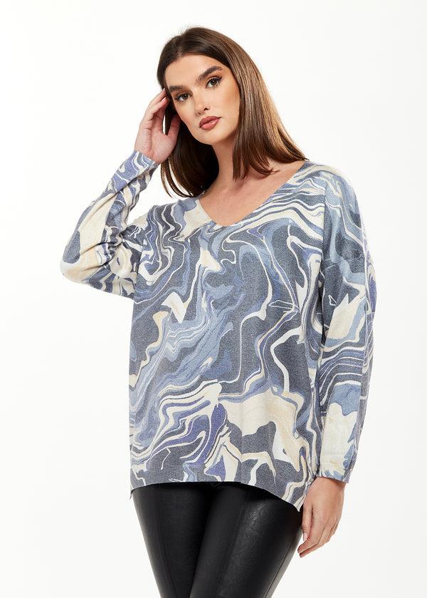 Liquorish Women's Elegant Blue Marble Print V-neck Top with Full Length Sleeves for Stylish Versatility