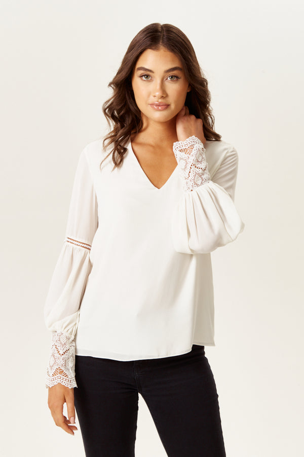 Liquorish Women's Elegant V Neck White Lace Cuffed Long Sleeve Top With Regular Fit And Stylish Details