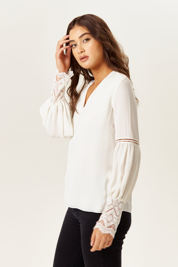 Liquorish Women's Elegant V Neck White Lace Cuffed Long Sleeve Top With Regular Fit And Stylish Details