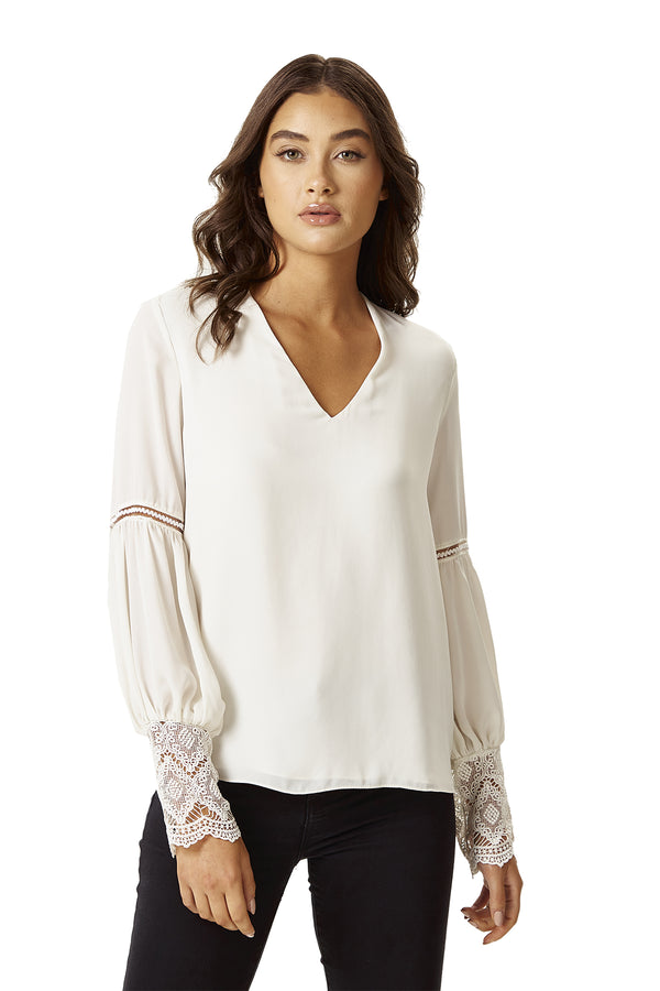 Liquorish Women's Elegant V Neck White Lace Cuffed Long Sleeve Top with Regular Fit and Stylish Details