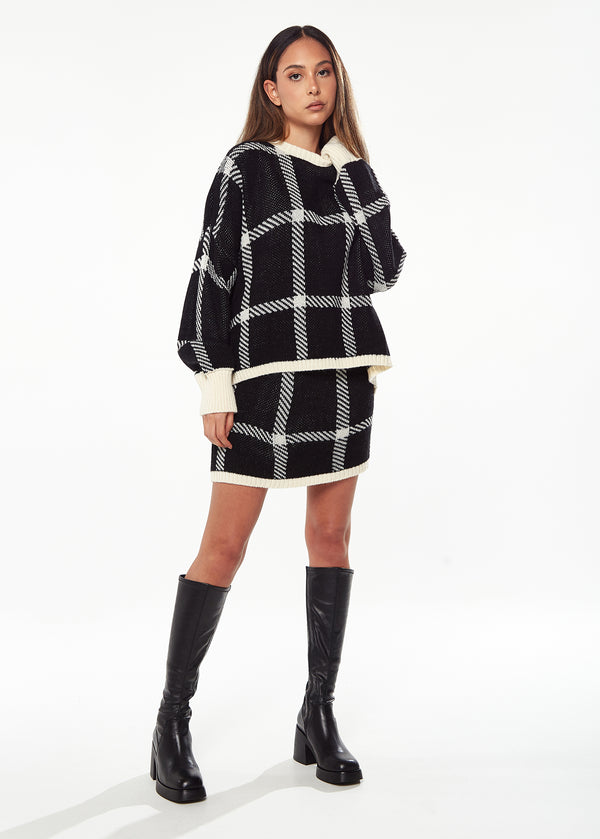 Liquorish Women's Exclusive Checked Knitted Set - Black & White Long Sleeves Stylish Contrast Cuffs & Waistband One-Size Fits All