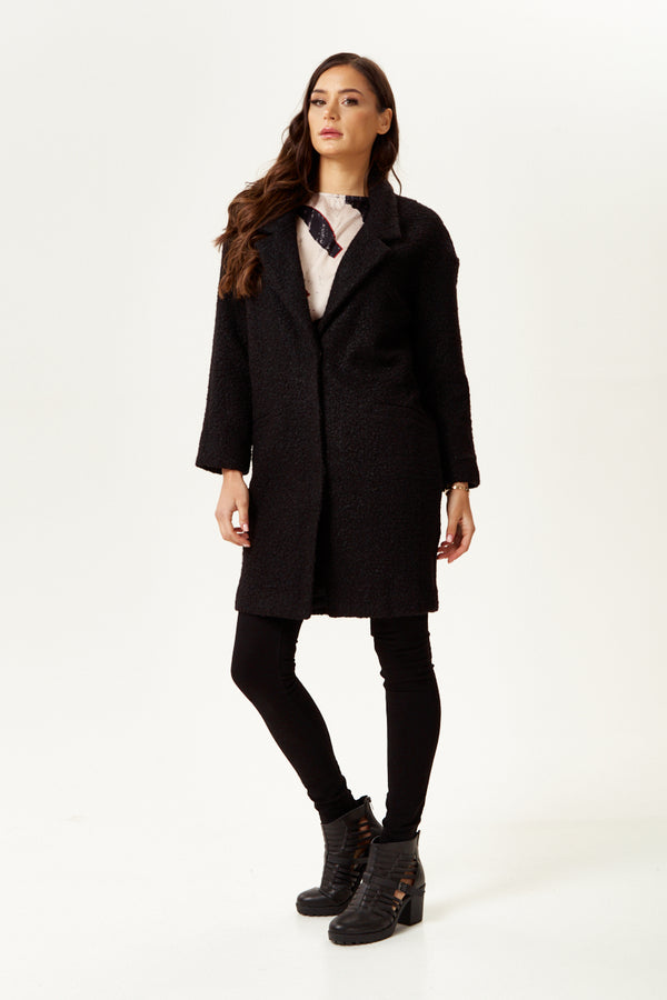 Liquorish Women's Extra Loose Fit Black Bouclè Coat With Notch Lapels And Dropped Shoulders - Liquorish