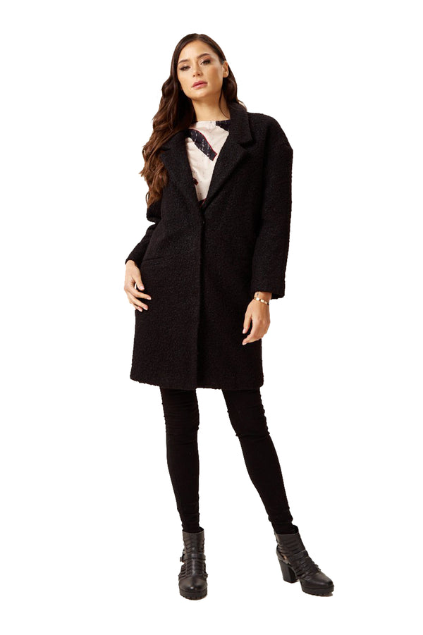 Liquorish Women's Extra Loose Fit Black Bouclè Coat with Notch Lapels and Dropped Shoulders - Liquorish