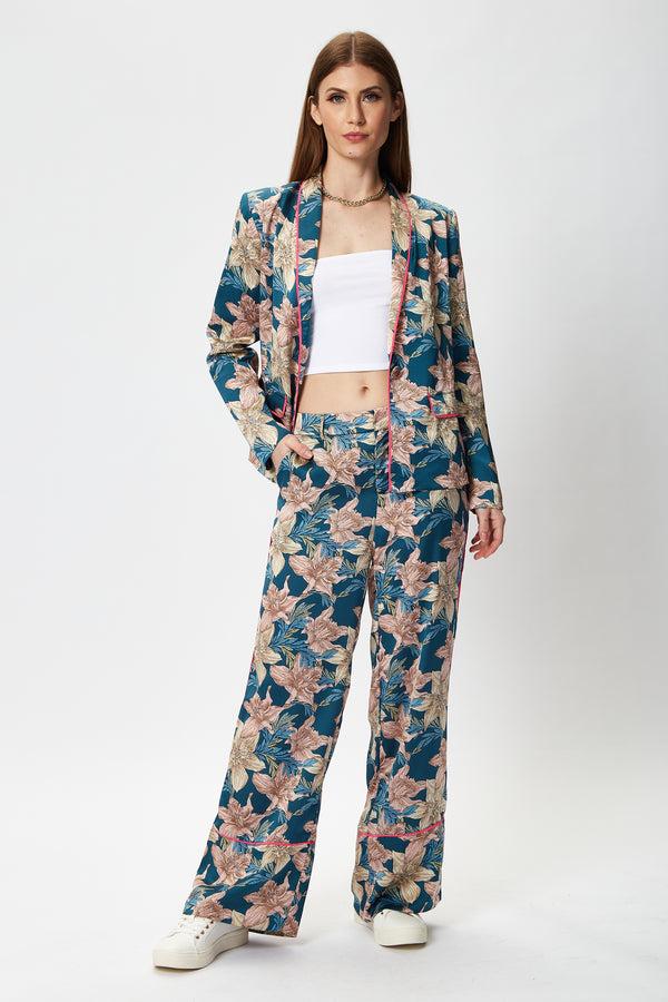 Liquorish Women's Floral Jacket With Neon Piping Shawl Lapels Plunge Neck Regular Fit - Liquorish