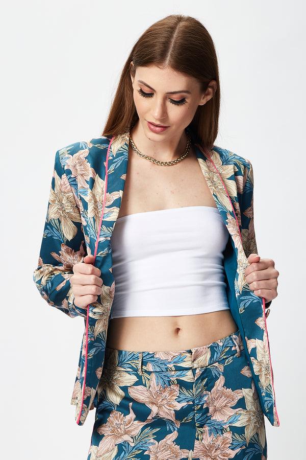 Liquorish Women's Floral Jacket With Neon Piping Shawl Lapels Plunge Neck Regular Fit - Liquorish