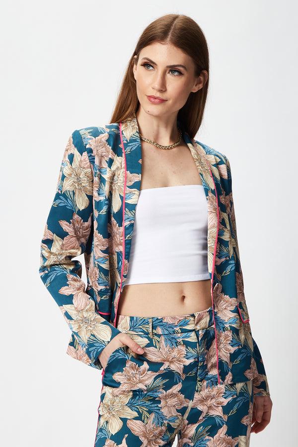 Liquorish Women's Floral Jacket With Neon Piping Shawl Lapels Plunge Neck Regular Fit - Liquorish