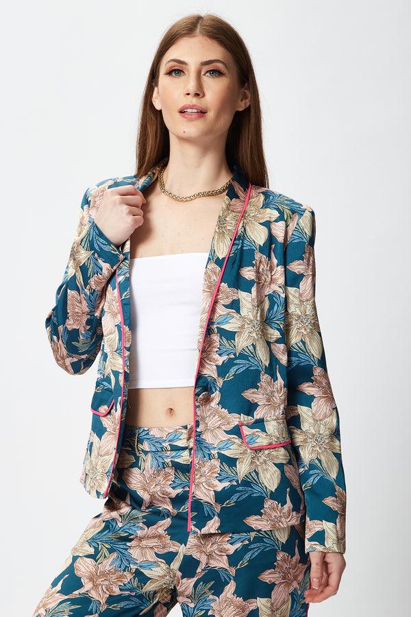 Liquorish Women's Floral Jacket with Neon Piping Shawl Lapels Plunge Neck Regular Fit - Liquorish